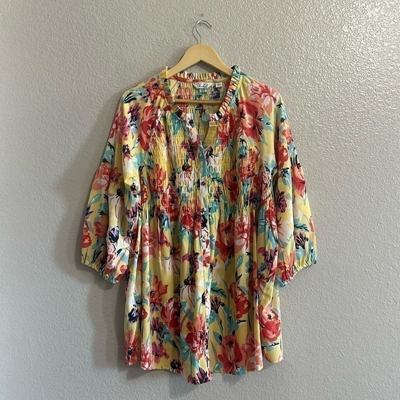CAFFE MARRAKESH Vintage Yellow Floral 3/4 Puff Sleeve Button Down Blouse Size 1X - Picture 1 of 7